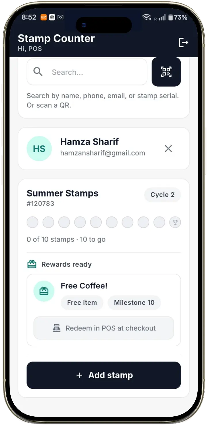 Phone showing reward eligibility and redemption for a customer stamp card
